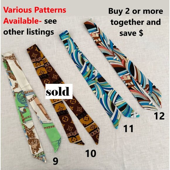 Silk Slim Scarf Green Brown Gold Nautical Crest Print 35In Long Equestrian No19 - Picture 9 of 10